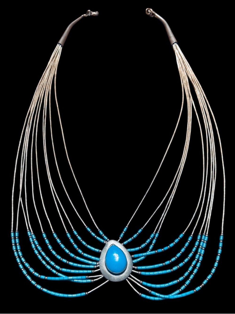 Liquid Silver Turquoise 10 Strand ZUNI or NAVAJO Necklace Artist Signed S E Ster - Picture 9 of 9